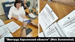 ალა ბარხატნოვა, ხერსონის საოკუპაციო ხელისუფლების წარმომადგენელი, ხელს აწერს დოკუმენტებს, რომლებიც ადასტურებენ, რომ ხერსონის ბავშვთა სახლიდან წაყვანილ ბავშვებზე გაცემული აქვთ რუსული დაბადების მოწმობები და სოციალური დაზღვევის მოწმობები. ოკუპირებული ყირიმი, 2023 წლის 6 აგვისტო.
