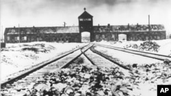 This 1945 photo shows the entry to the concentration camp at Auschwitz-Birkenau in Poland, with snow covered rail tracks leading to the camp.