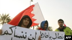 Protesters holds signs in Arabic that read, "We will not forget you oh martyrs" and "We demand the release of political prisoners" 