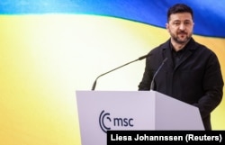 Президент України Володимир Зеленський під час виступу на Мюнхенській безпековій конференції, 14 лютого 2026 року