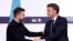 Ukrainian President Volodymyr Zelenskiy and French President Emmanuel Macron meet at the Elysee Palace in Paris on June 7.