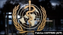 The logo of the World Health Organization at its headquarters in Geneva. 
