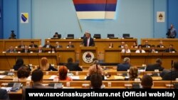 Republika Srpska President Milorad Dodik addresses the entity parliament in Banja Luka on August 14.