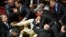 A scuffle breaks out in the Ukrainian parliament on October 6, 2017. The melee erupted over a law regarding Ukraine's state sovereignty in separatist-held territory in the east of the country.