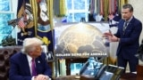 پیت هگست، وزیر دفاع آمریکا، در کنار رئیس‌جمهور دونالد ترامپ هنگام اعلام طرح «گنبد زرین» در دفتر بیضی کاخ سفید – ۳۰ اردیبهشت