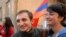 Armenia -- Tigran Arakelian is greeted by fellow opposition activists after his release from pre-trial detention.