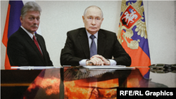 Коллаж: пресс-секретарь Владимира Путина Дмитрий Песков и президент России Владимир Путин
