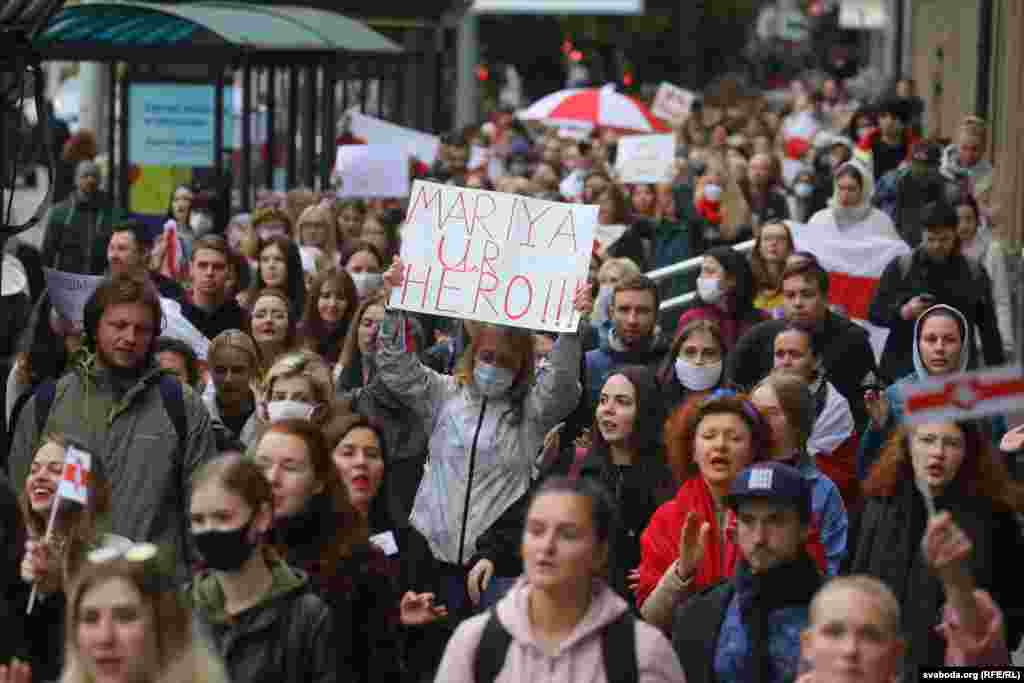 Protestors march through the Belarusian capital on September 8.&nbsp;