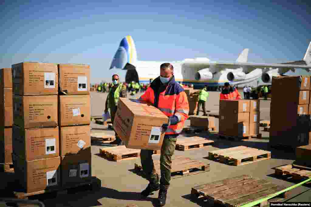 Face masks purchased by the German government are unloaded in Leipzig. For this China-to-Germany flight, Shost says the An-225 was initially scheduled to refuel in Kazakhstan, then Azerbaijan, but due to the lightweight cargo, the pilot made the decision to fly direct from Kazakhstan to Germany. &nbsp;