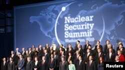 The leaders of the international delegations pose for a group photo at the Nuclear Security Summit 2010 in Washington, DC