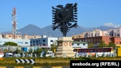 Albania - Travel photos from Albania.  Emblem of Albania at the entrance to Tirana. 2017 