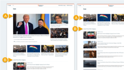 Two example category pages with merged sections. In each example, A marks the section content and B marks the content list.