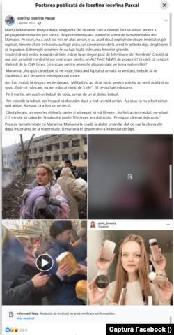 Postarea pe pagina de Facebook a Iosefinei Pascal despre așa zisa înscenare de la maternitate din Mariupol a fost redistribuită de câteva mii de ori.