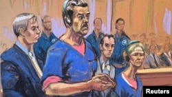 Николас Мадуро мен әйелі Силия Флорес Нью-Йорктің федералдық сотында алдын ала тыңдауда тұр (сот залында салынған сурет), АҚШ, 5 қаңтар, 2026 жыл.