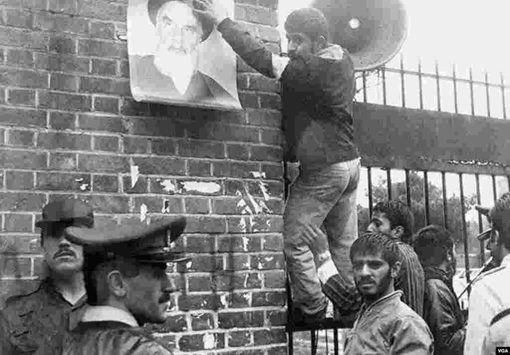 Islamist students take over the U.S. embassy in support of the Iranian revolution in November 1979.