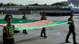 Turkmen servicemen march during a military parade marking the 25th anniversary of Turkmenistan's independence, in Ashgabat on October 27.