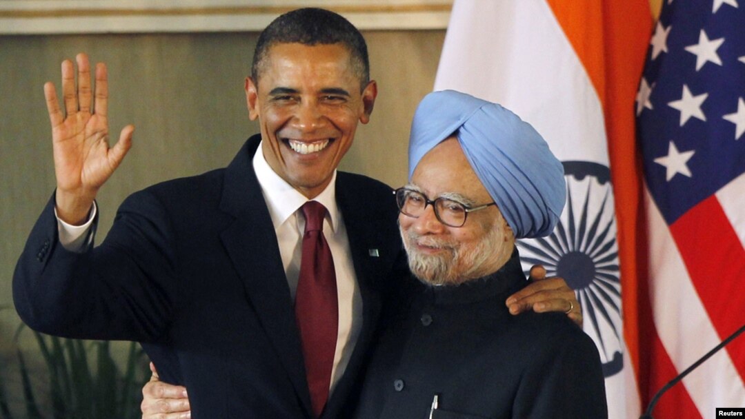 U.S. President Barack Obama (left) shakes hands with Indian Prime Minister Manmohan Singh at a joint news conference in New Delhi today.