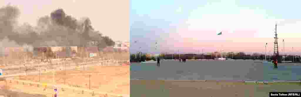 The video grab on the left shows smoke rising from a burning building on the day of the clashes, while a current photo shows a calm city square. 