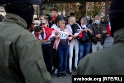 Natalia Hershe (in white jeans) at the women’s march where she was arrested on September 19.