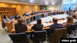 Депутати Європейського парламенту, представники інституцій ЄС, Ради Європи та українські представники під час обговорення ініціативи «Справедливість для Маріуполя» в Європейському парламенті, Брюссель, Бельгія, 6 травня 2026 року