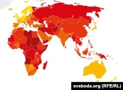 Мапа сьвету паводле Індэксу ўспрыняцьця карупцыі ад Transparency International, 2018