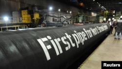 Russia -- A handout by Nord Stream 2 claims to show the first pipes for the Nord Stream 2 project at a plant of OMK, which is one of the three pipe suppliers selected by Nord Stream 2 AG, in Vyksa, undated