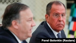 U.S. Secretary of State Mike Pompeo (left) and Russian Foreign Minister Sergey Lavrov attend a joint news conference after their talks in the Black Sea resort city of Sochi on May 14.