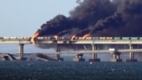 UKRAINE – Fire on the Kerch Bridge after an explosion on it. Ukraine, occupied Crimea, October 8, 2022 
