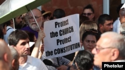 Armenia - Supporters of Catholicos Garegin II rally outside a court in Vagharshapat, August 7, 2026.