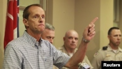 Sheriff Jim Johnson addresses a news conference following the arrest of a suspect in a ricin attack on U.S. President Barack Obama and two other public figures on April 17. 