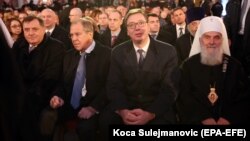 Predsjednik RS Milorad Dodik, šef diplomatije Rusije Sergej Lavrov, predsjednik Srbije Aleksandar Vučić i patrijarh SPC Irinej, u Beogradu, februar 2018.