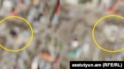 Satellite photos of Stepanakert taken before and after the demolition of the Holy Mother of God Cathedral.