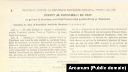 Decretul de desființarea oficială a instituției care se ocupa cu cenzura, din 1977, semnat de Nicolae Ceaușescu.