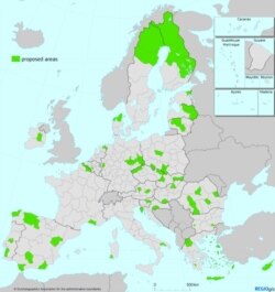 Предложените от Еврокомисията региони, които би трябвало да получат финансиране от Фонда за справедлив преход са в зелено