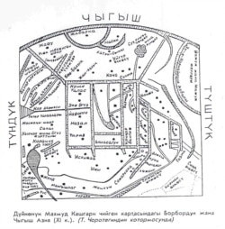 Махмуд Кашгари Барсканинин «Дивану лугати т-түрк» (1072-1077) эмгегиндеги картанын чордондук жана чыгыш бөлүгүнүн котормосу.