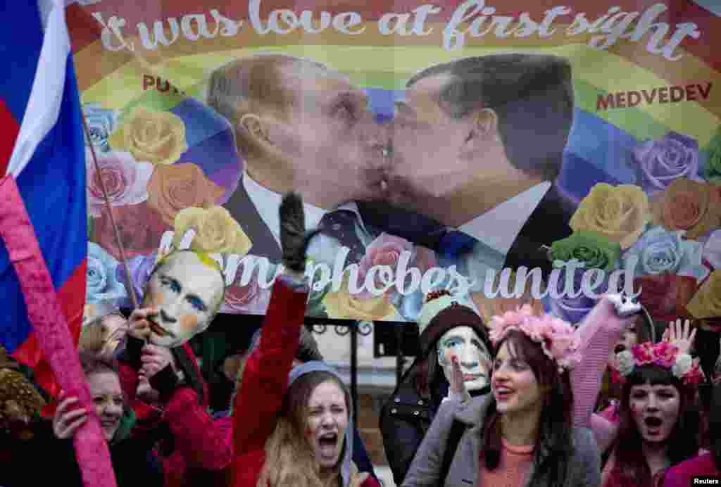 Protesters in London take part in a demonstration against Russia&#39;s antigay laws outside the Russian Embassy on February 14. (Reuters/Neil Hall)