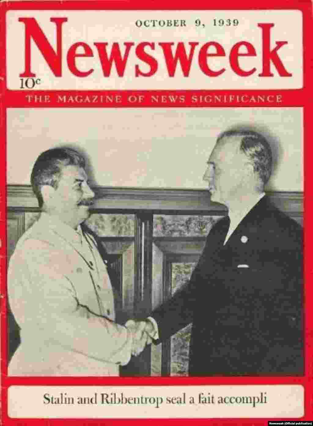 Сталін і фон Рыбэнтроп на вокладцы амэрыканскага часопісу Newsweek 9 кастрычніка 1939 году.