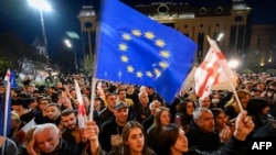 Флаги ЕС и Грузии на митинге против закона об «иноагентов»