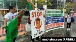 Turkmen activists hold a protest against the regime of President Gurbanguly Berdimukhammedov in New York last month.