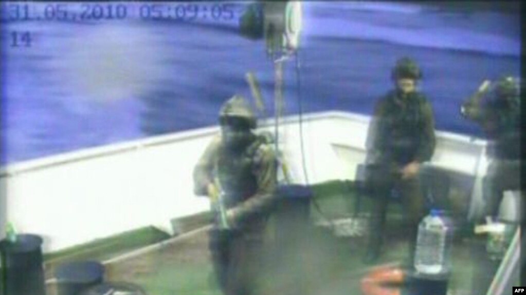 A television grab of Turkish TV channel Cihan News Agency shows Israeli troops storming the "Mavi Marmara" Turkish aid boat, carrying aid to the Gaza Strip, in May 2010.