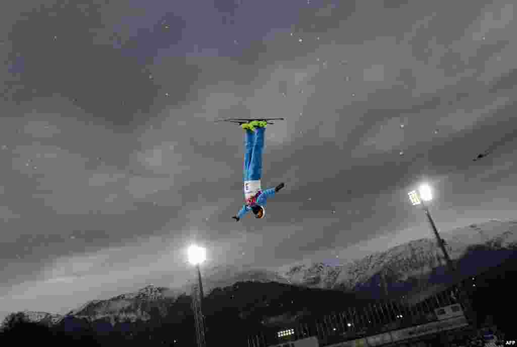 Anton Kushnir of Belarus competes in the men&#39;s freestyle-skiing aerials. Kushnir won the gold medal. (AFP/Javier Soriano)