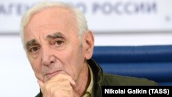 Charles Aznavour looks on at a press conference for his upcoming concert in Moscow in October 2014.