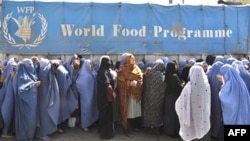 گروهی از زنان نیازمند که در نزدیکی دفتر برنامه غذایی جهان سازمان ملل در کابل صف بسته اند 