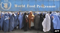 گروهی از زنان نیازمند به کمک های غذایی در برابر یکی از دفاتر برنامه غذایی سازمان ملل در کابل صف بسته اند 