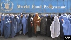 گروهی از زنان در کابل که در مقابل دفتر برنامه جهانی غذا منتظر دریافت کمک های بشری اند 