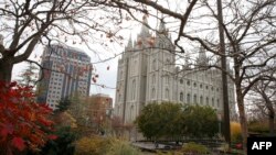 The Salt Lake Mormon Temple in Salt Lake City, Utah, the headquarters of the Church of Jesus Christ of Latter-Day Saints