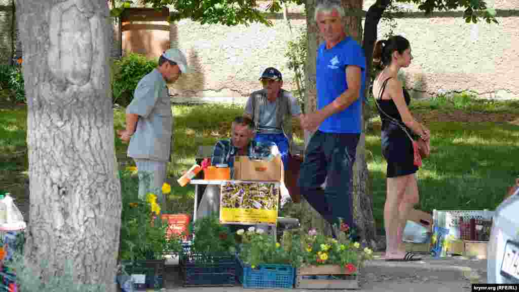 На центральной улице под деревьями развернулась торговля овощами, фруктами, саженцами цветов