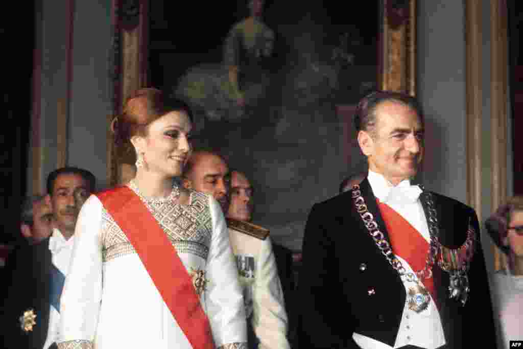 The shah and Empress Farah visit Versailles, near Paris, in June 1974.