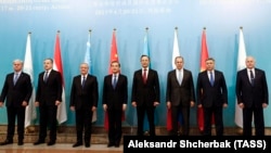 Foreign ministers pose for a photo during a meeting of the Shanghai Cooperation Organization (SCO) Council in Astana in April. 