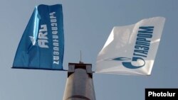 The banners of ArmRusgazprom and Gazprom fly side by side.